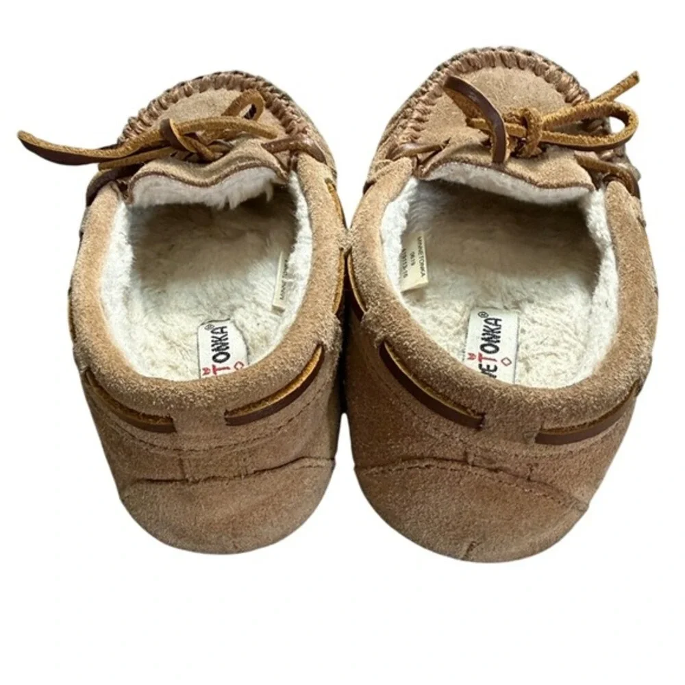 Minnetonka Kids Suede Moccasin Slippers - Faux Fur Lined‎ - Tan - Size 12